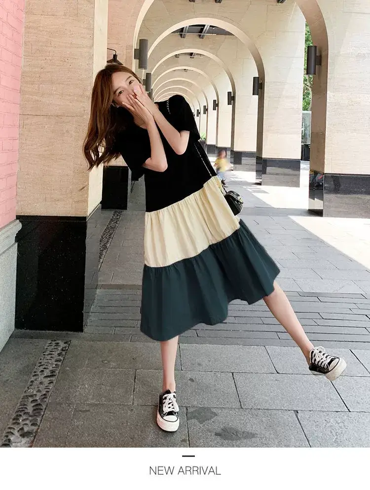 Maternity Summer Dress for Pregnant Mothers Color Block Short Sleeve — feature 21