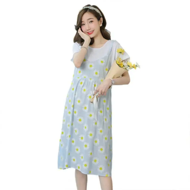 Maternity Dress Light Blue Dandelion Print Mid-Length