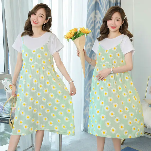 Maternity Dress Light Blue Dandelion Print Mid-Length