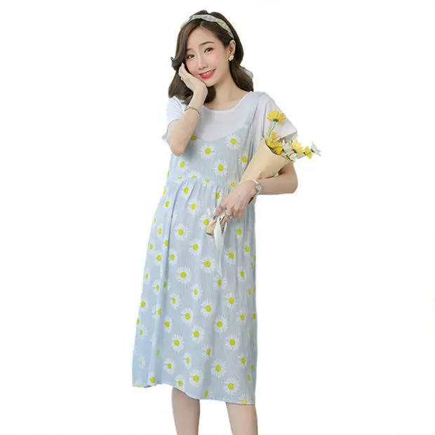 Maternity Dress Light Blue Dandelion Print Mid-Length