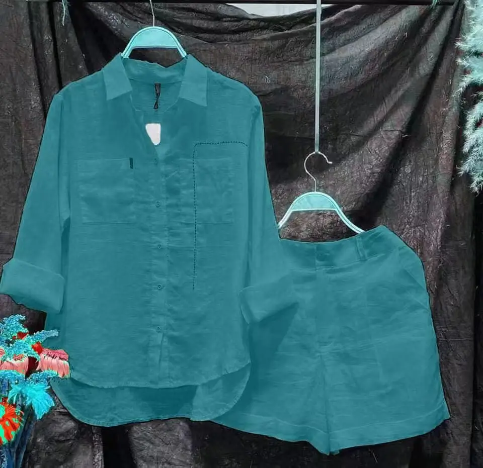 2022 Summer Teal Cardigan Shorts Set Women - Image 5