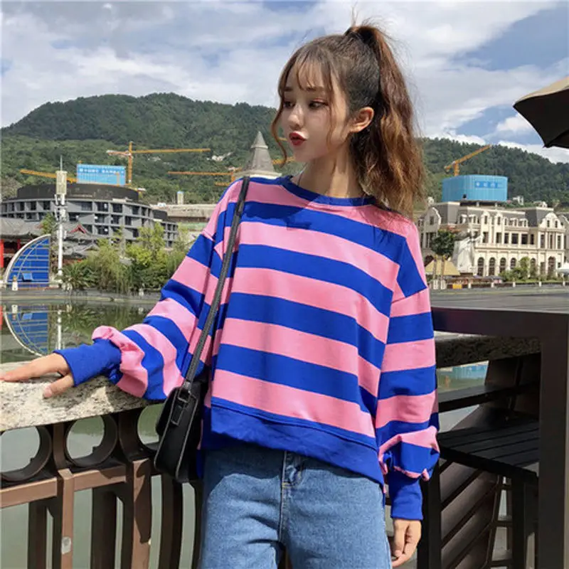 Women Long Sleeve Striped Sweater Top Yellow Blue Slimming - Image 2