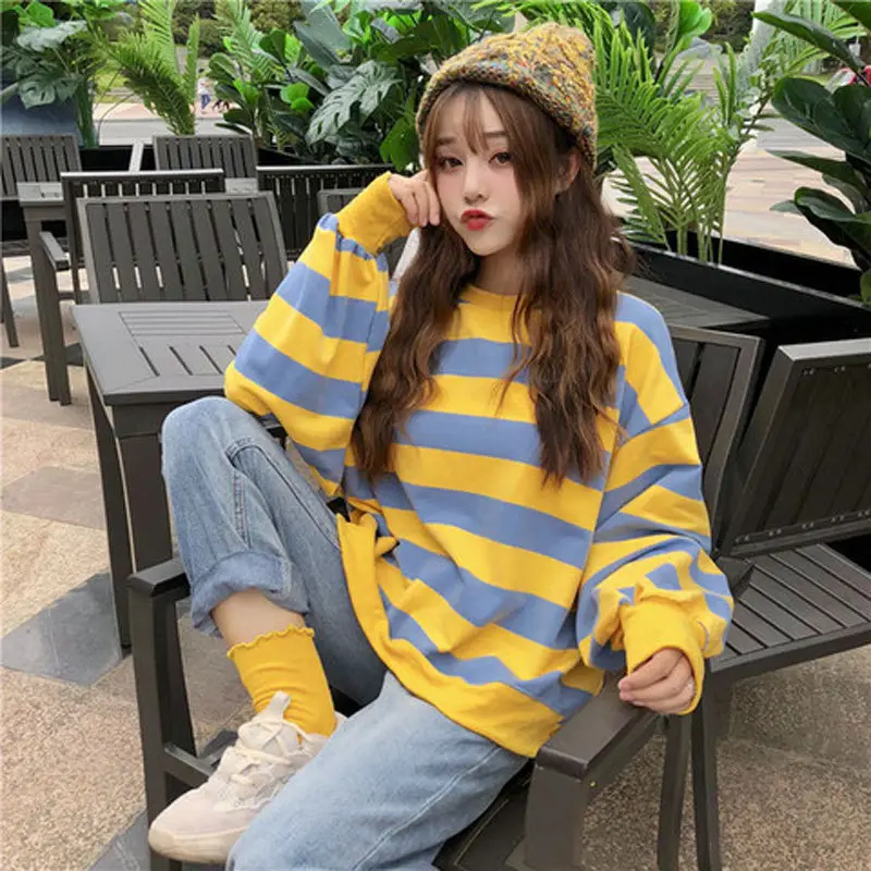Women Long Sleeve Striped Sweater Top Yellow Blue Slimming - Image 3