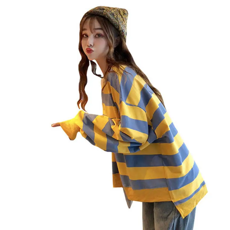 Women Long Sleeve Striped Sweater Top Yellow Blue Slimming - Image 5