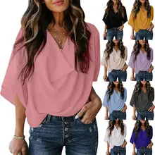 Women Chiffon V-Neck T-Shirt Yellow Loose Fit Casual Top — feature 13