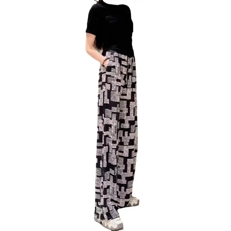 Women Ice Silk Maze Jogger Pants Black Grey - Image 6