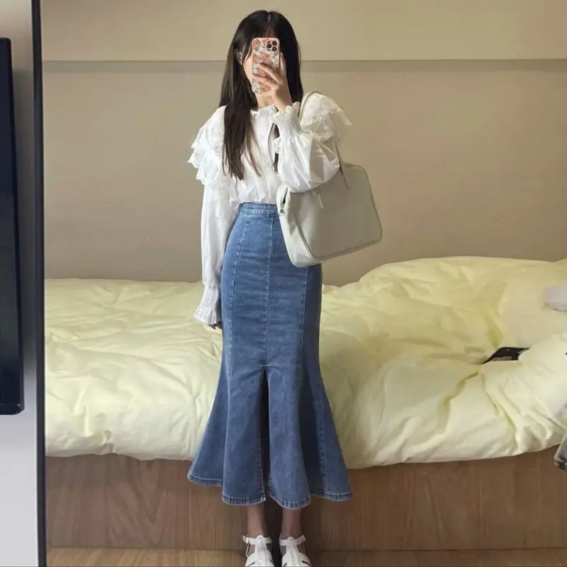 Women Denim Split Waist Skirt 2022 Summer - Image 4
