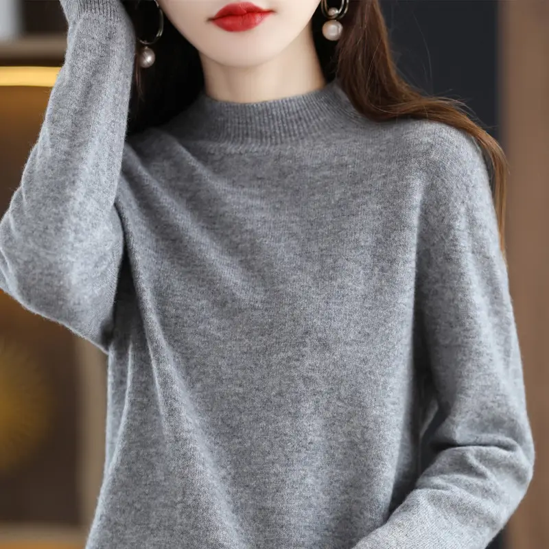 Women Grey Wool Half-Turtleneck Sweater Long Sleeve