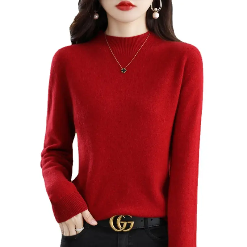 Women Grey Wool Half-Turtleneck Sweater Long Sleeve