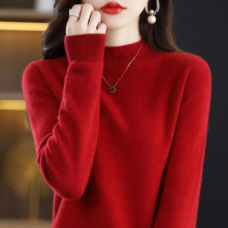 Women Grey Wool Half-Turtleneck Sweater Long Sleeve
