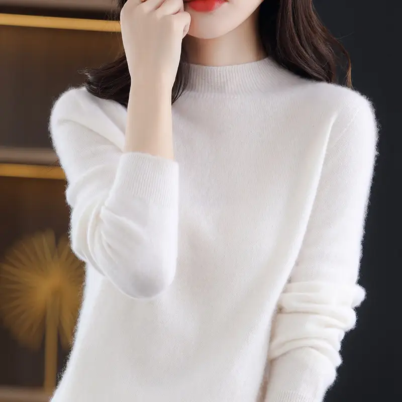 Women Grey Wool Half-Turtleneck Sweater Long Sleeve
