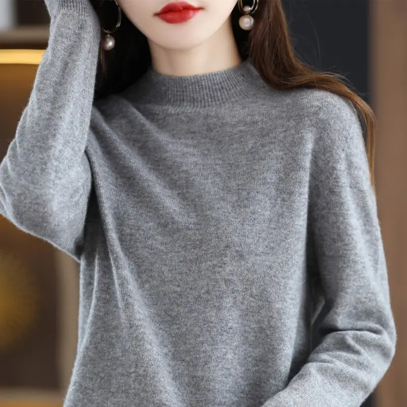 Women Grey Wool Half-Turtleneck Sweater Long Sleeve