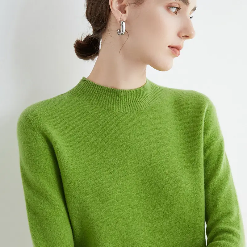 Women Grey Wool Half-Turtleneck Sweater Long Sleeve