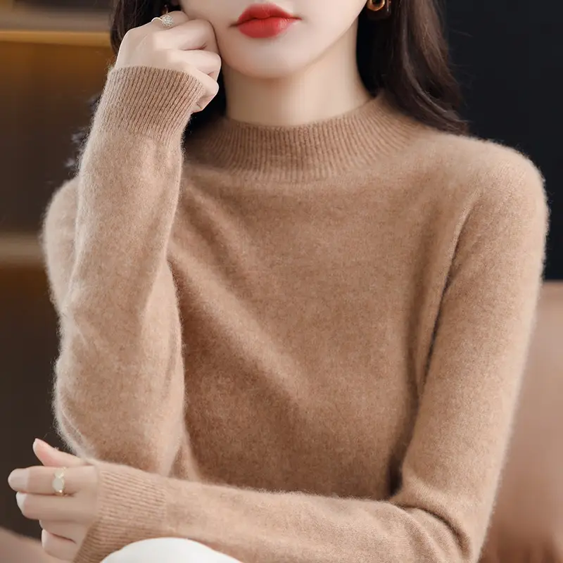 Women Grey Wool Half-Turtleneck Sweater Long Sleeve