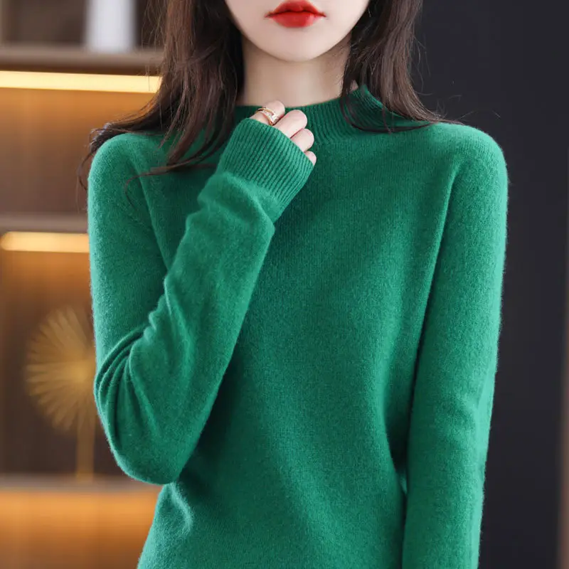 Women Grey Wool Half-Turtleneck Sweater Long Sleeve