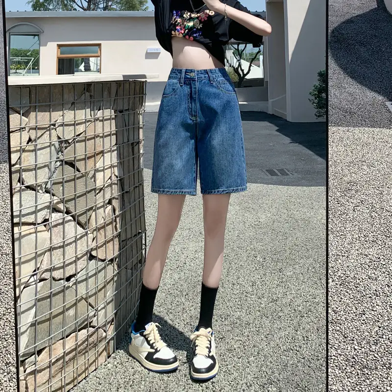 Denim Shorts Women Summer New Ins Loose Large Size High Waist Slimming Casual Wide Leg 5-point Straight Pants - Image 4
