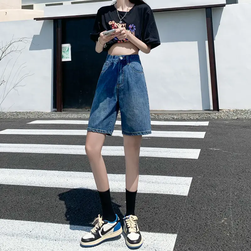 Denim Shorts Women Summer New Ins Loose Large Size High Waist Slimming Casual Wide Leg 5-point Straight Pants - Image 5