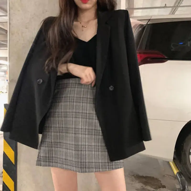 2024 Autumn Blazer Women Short Black Plaid Skirt Set - Image 4