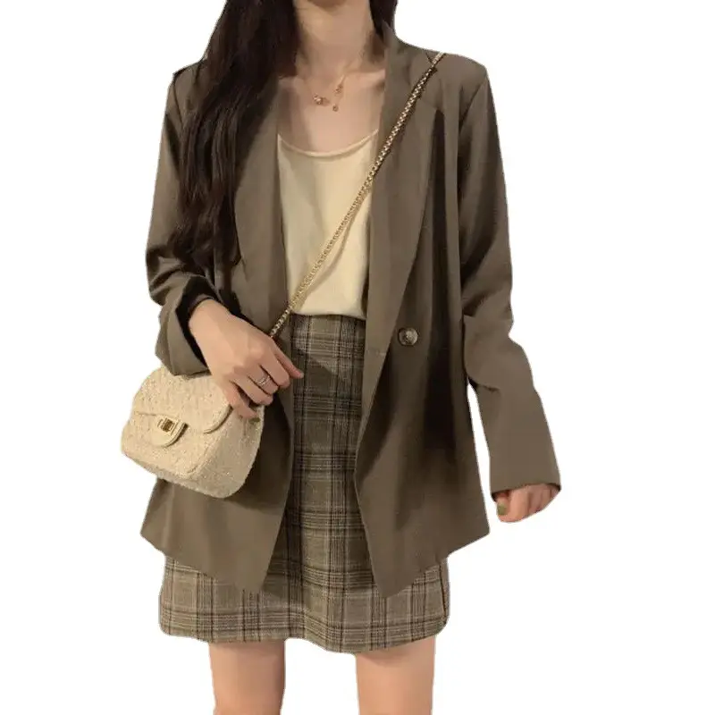 2024 Autumn Blazer Women Short Black Plaid Skirt Set - Image 5