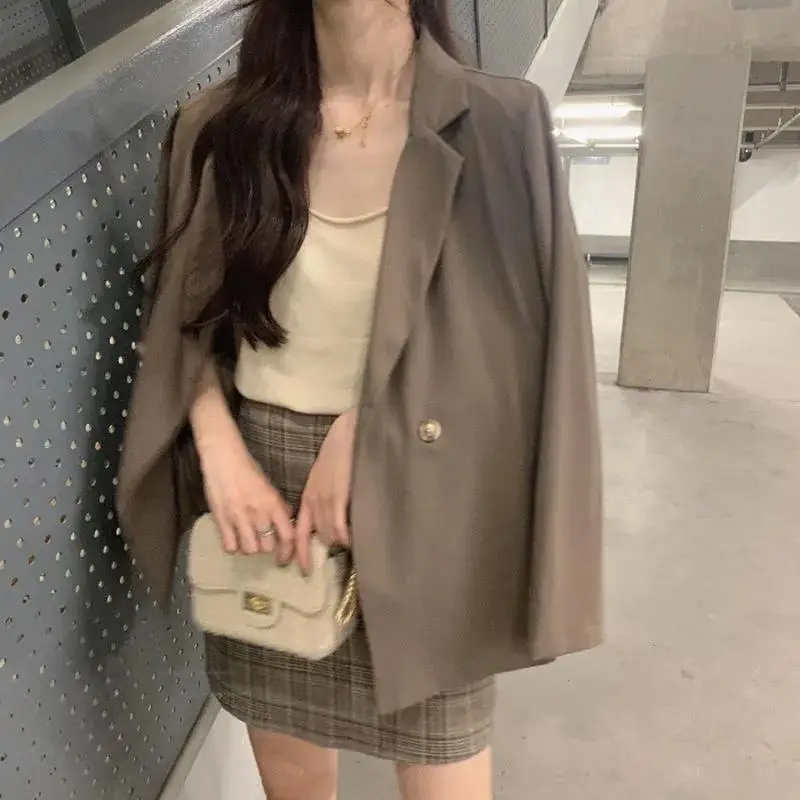 2024 Autumn Blazer Women Short Black Plaid Skirt Set — feature 11
