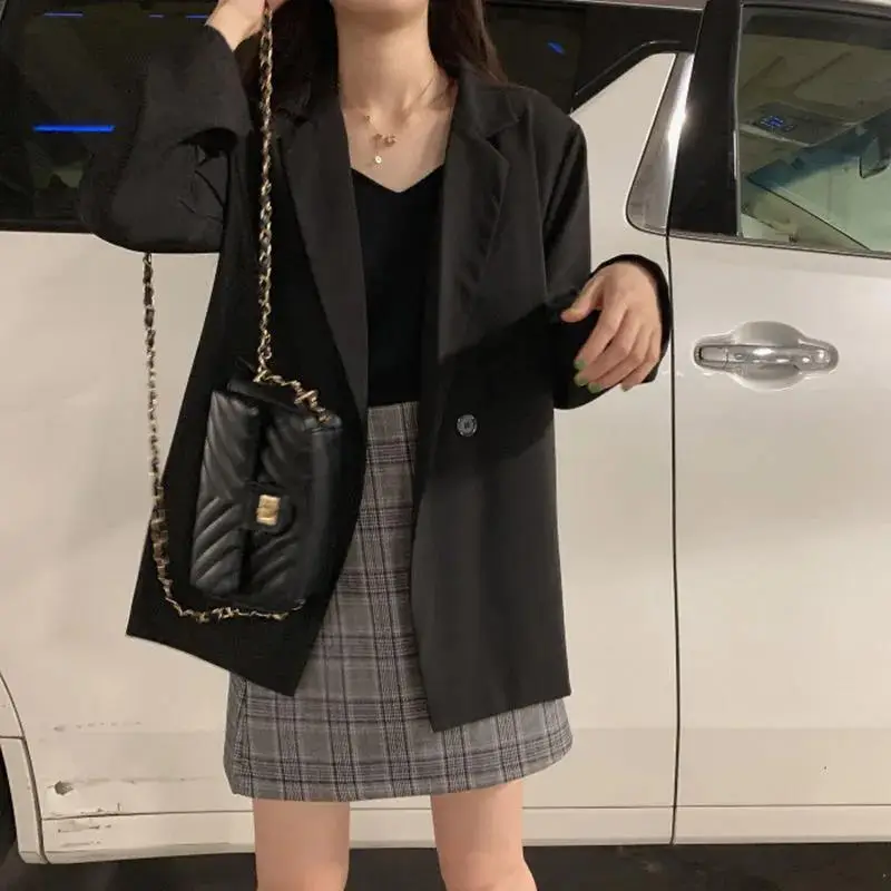 2024 Autumn Blazer Women Short Black Plaid Skirt Set — feature 12
