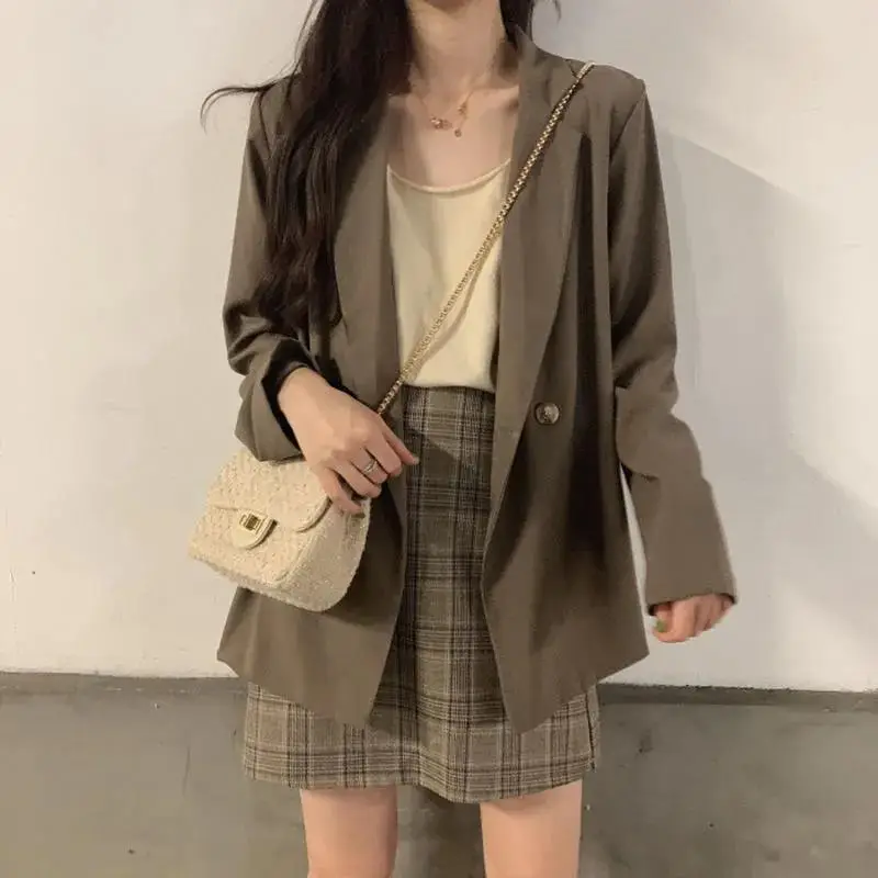 2024 Autumn Blazer Women Short Black Plaid Skirt Set — feature 2