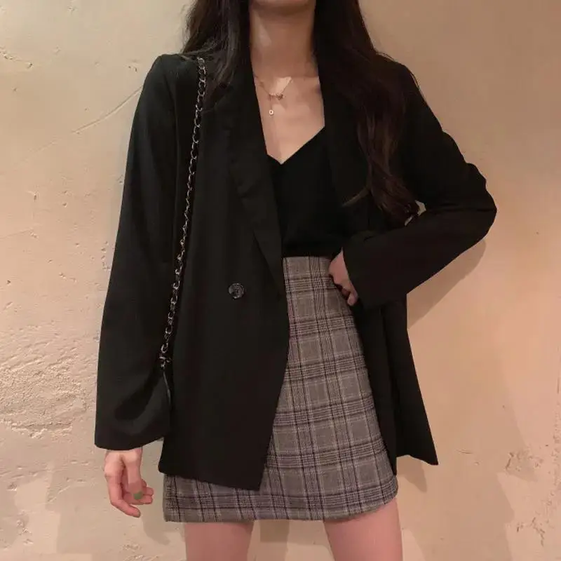 2024 Autumn Blazer Women Short Black Plaid Skirt Set — feature 5