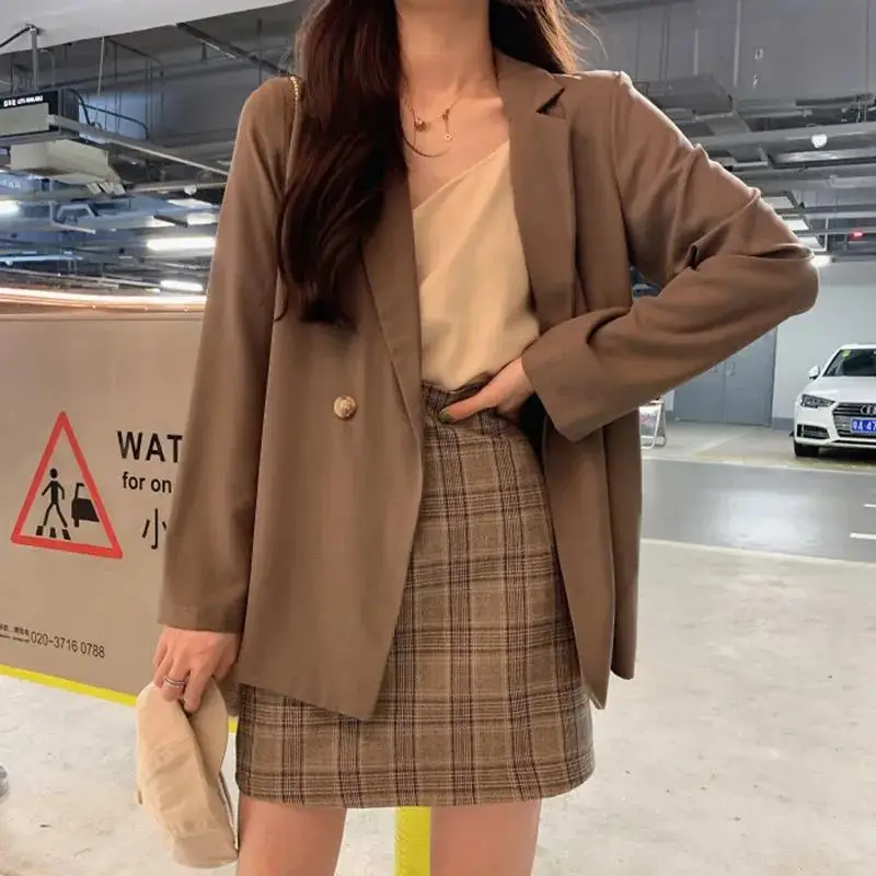 2024 Autumn Blazer Women Short Black Plaid Skirt Set — feature 6