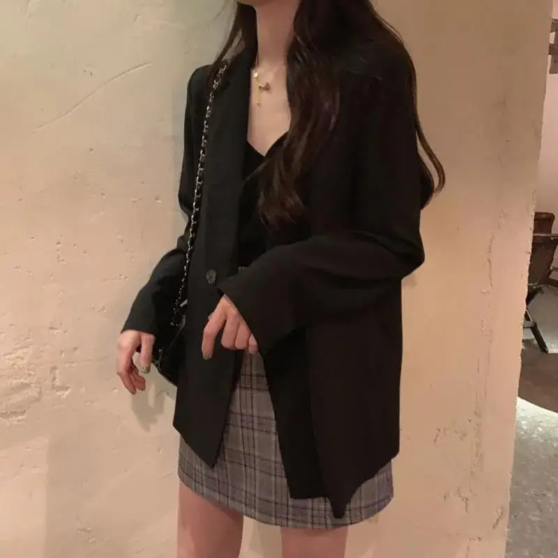 2024 Autumn Blazer Women Short Black Plaid Skirt Set — feature 7