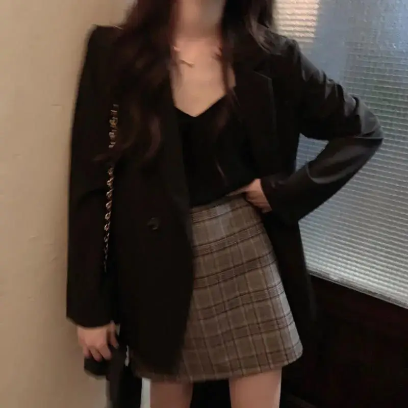 2024 Autumn Blazer Women Short Black Plaid Skirt Set — feature 9