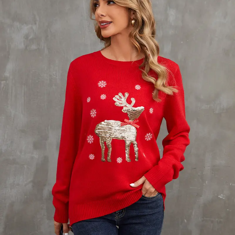 Red Knitwear with Sequin Deer Design for Women - Image 4