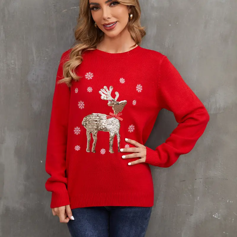 Red Knitwear with Sequin Deer Design for Women - Image 5