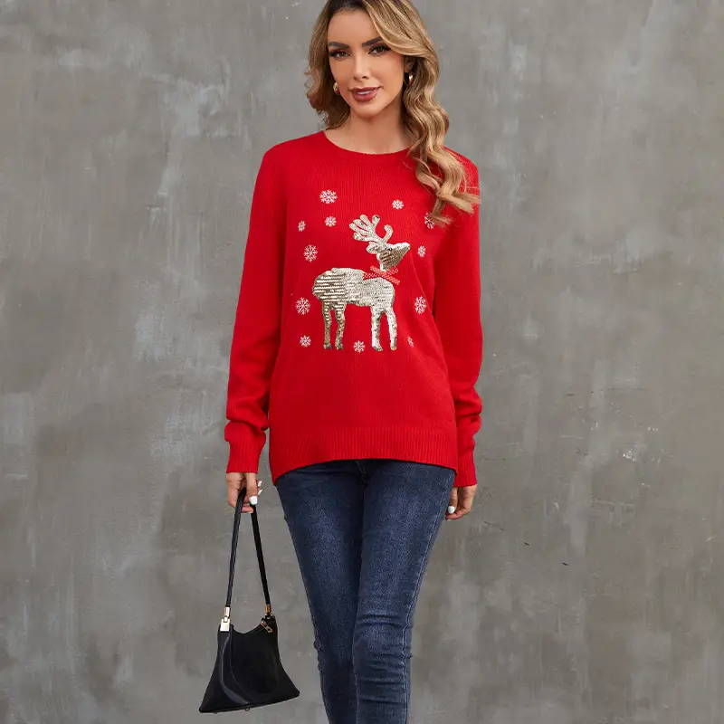 Red Knitwear with Sequin Deer Design for Women - Image 6