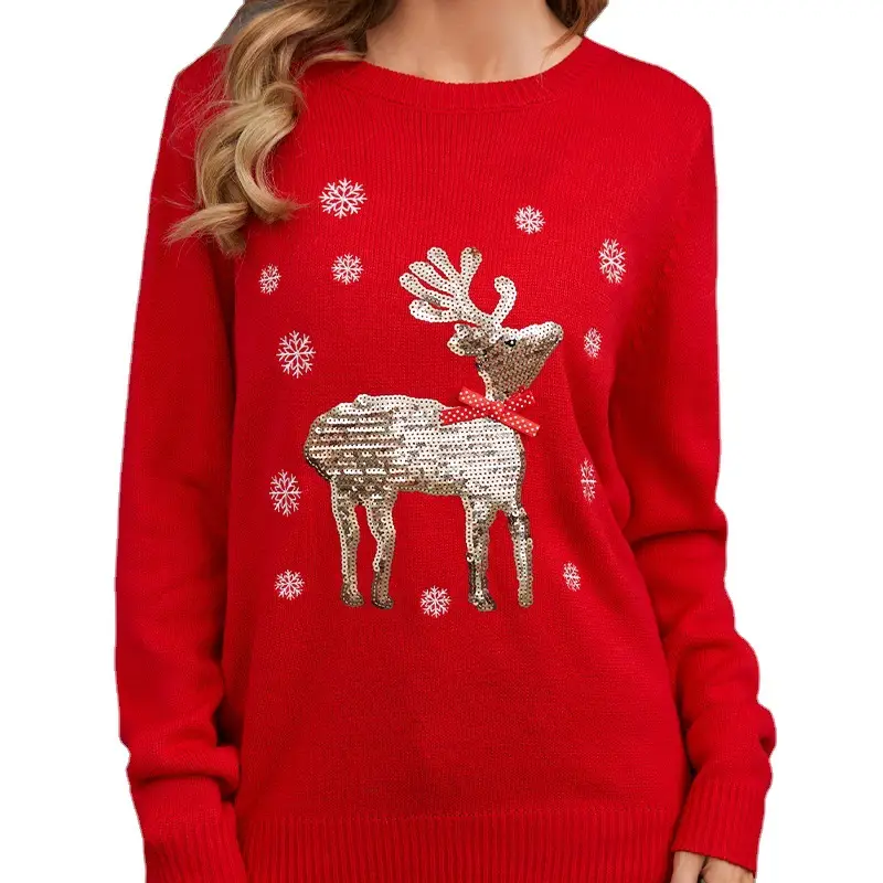 Red Knitwear with Sequin Deer Design for Women - Image 7
