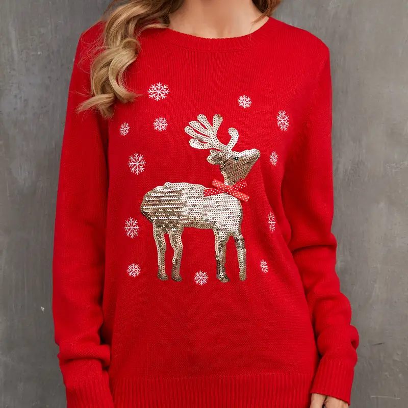 Red Knitwear with Sequin Deer Design for Women - Image 2