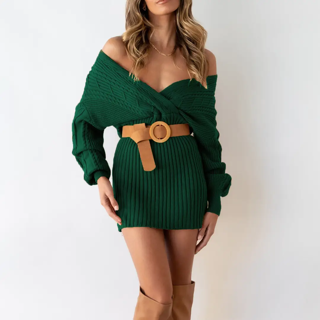 European and American V Neck Backless Knitted Dress 2025 Autumn and Winter New Women's Mid-Length Sweater Hip Skirt - Image 3