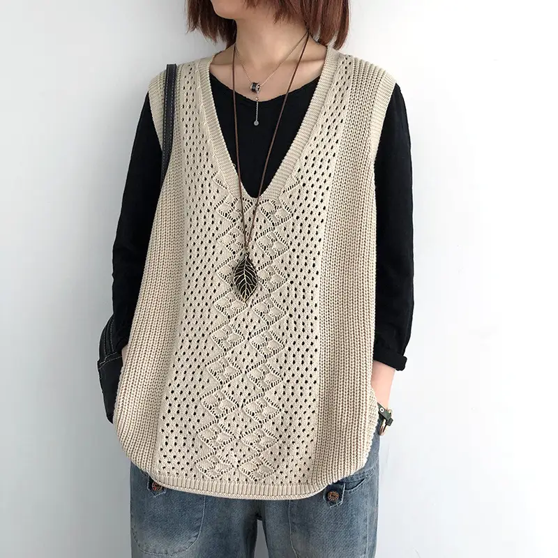 Women Knitted V-Neck Vest Blue Hollow Design