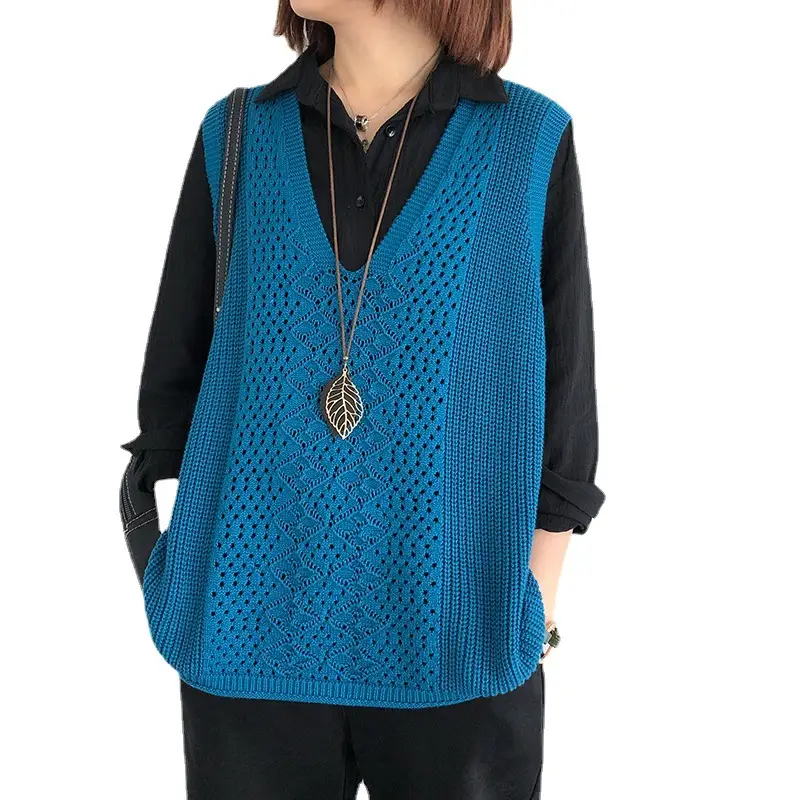 Women Knitted V-Neck Vest Blue Hollow Design