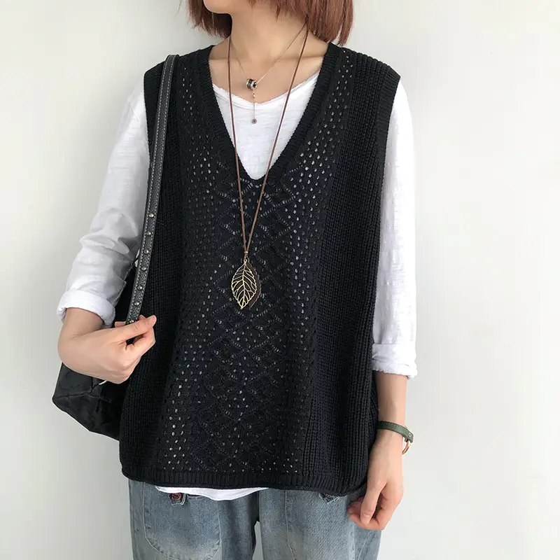 Women Knitted V-Neck Vest Blue Hollow Design