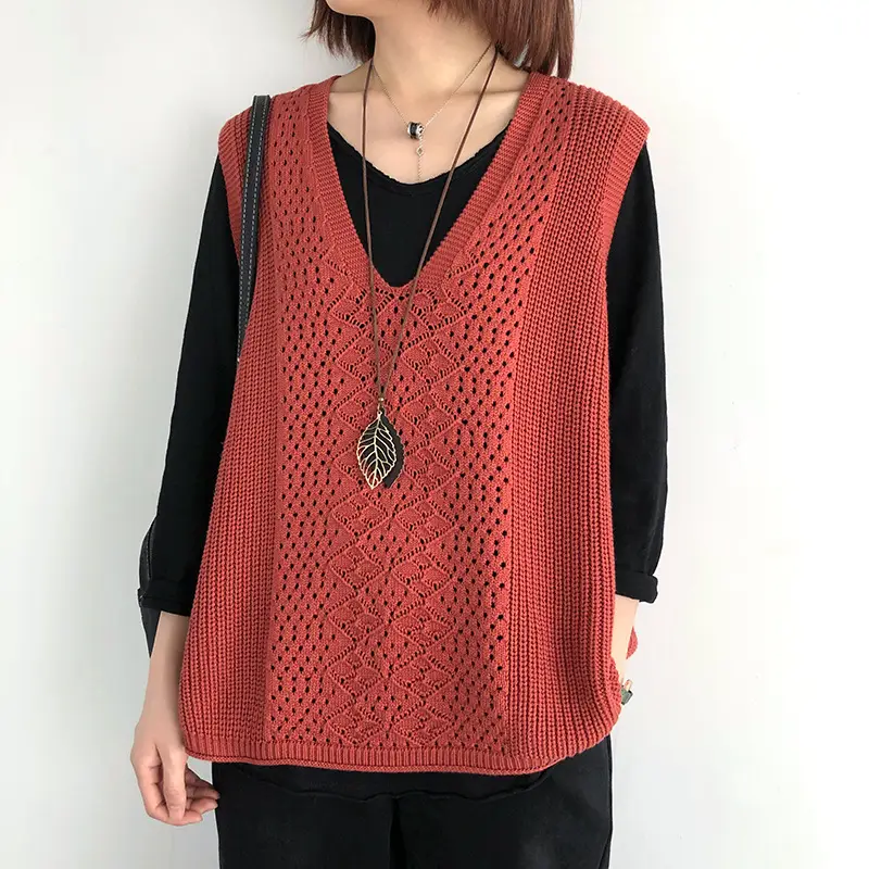 Women Knitted V-Neck Vest Blue Hollow Design