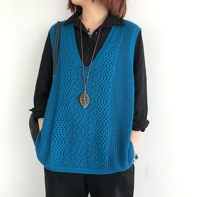 Women Knitted V-Neck Vest Blue Hollow Design
