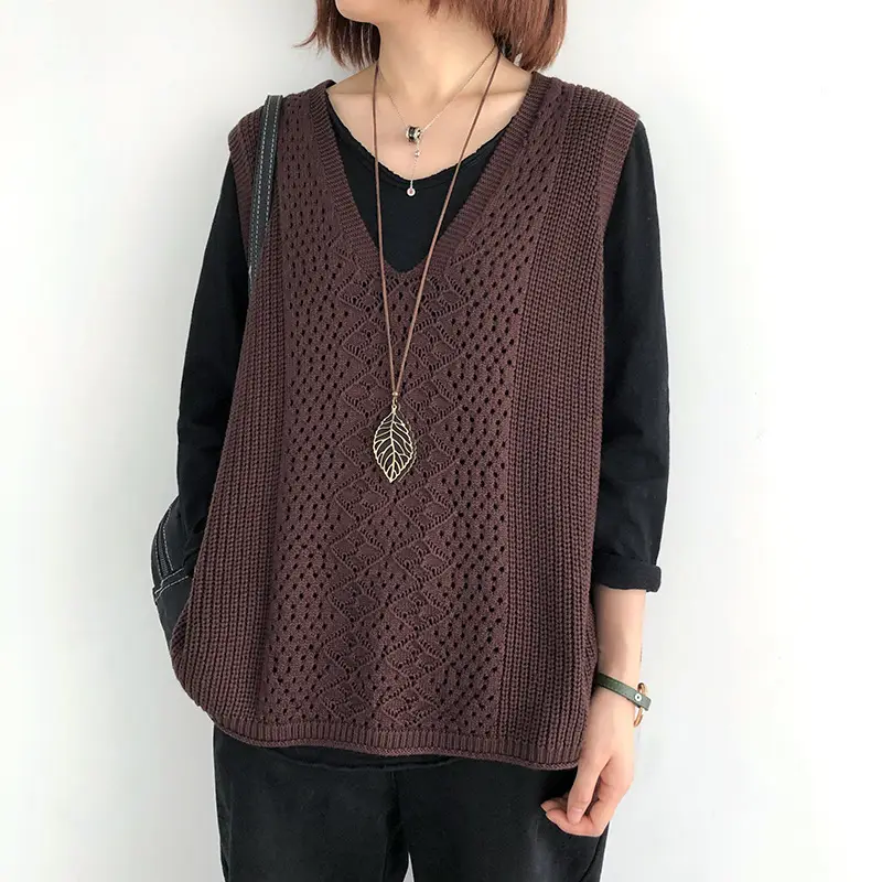 Women Knitted V-Neck Vest Blue Hollow Design