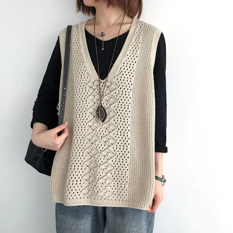 Women Knitted V-Neck Vest Blue Hollow Design