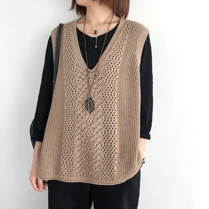 Women Knitted V-Neck Vest Blue Hollow Design