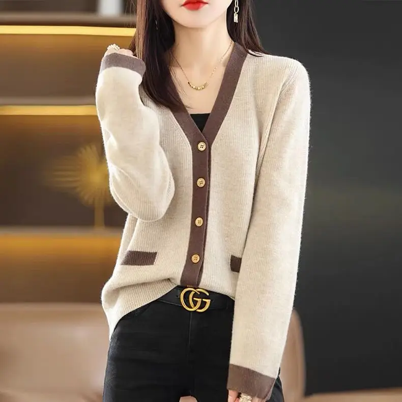 New V-Neck Knitted Cardigan Women Orange Loose Long Sleeve - Image 3