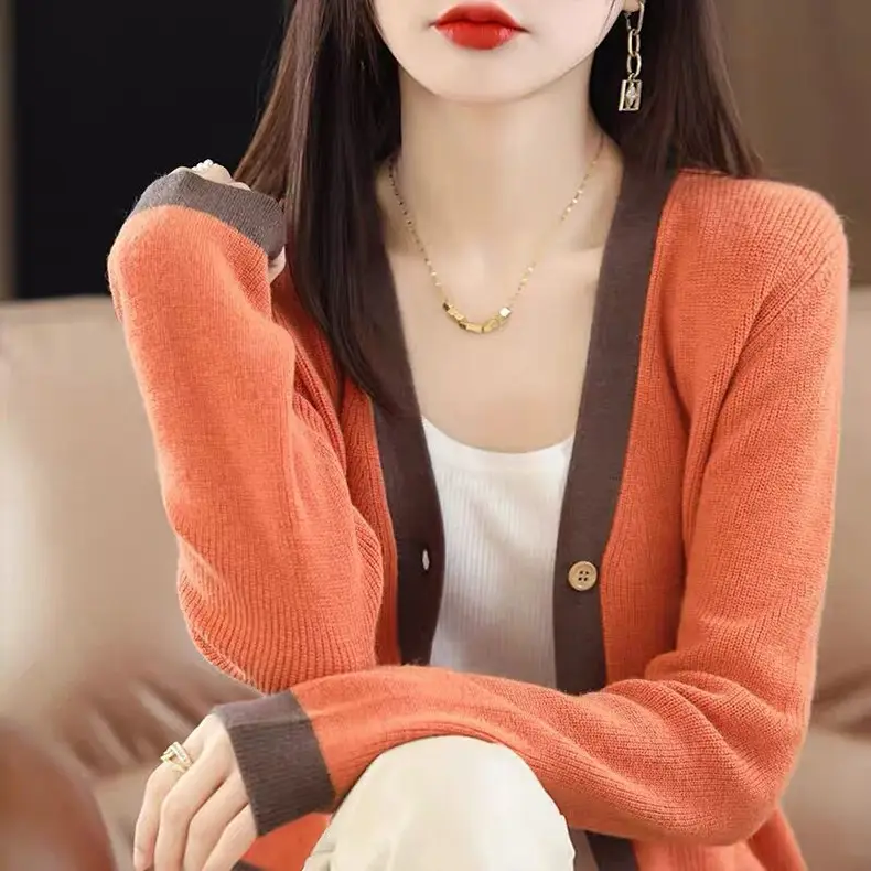 New V-Neck Knitted Cardigan Women Orange Loose Long Sleeve - Image 4