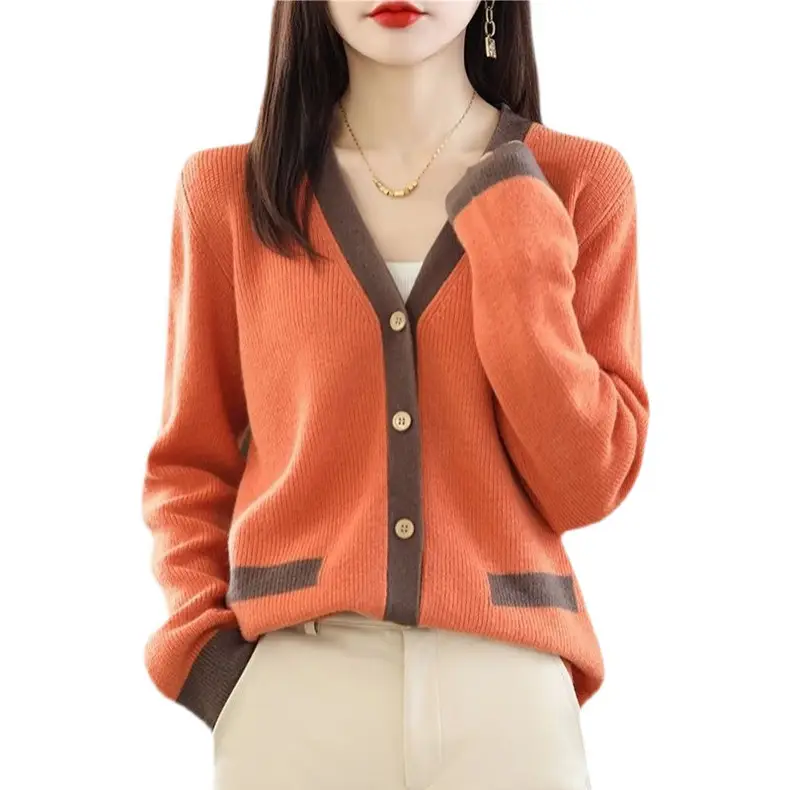 New V-Neck Knitted Cardigan Women Orange Loose Long Sleeve - Image 5