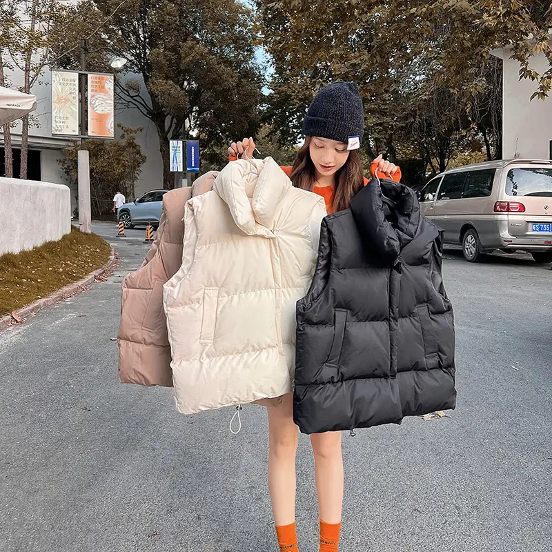 Women's Korean Style Puffer Vest Orange Black Waistcoat - Image 4