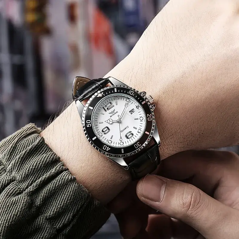 Men's Black Leather Watch with White Dial & Quartz Movement - Image 7