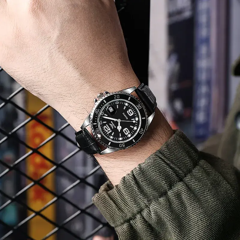 Men's Black Leather Watch with White Dial & Quartz Movement - Image 9